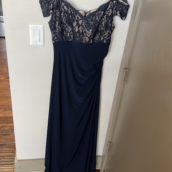 R & M Richards Navy blue floor length off the shoulder gown. - Picture 3 of 5